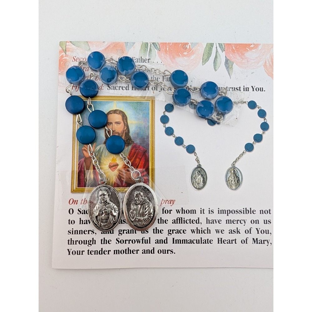 Padre Pio Novena Chaplet Blue Rosary Beads and Prayer Card